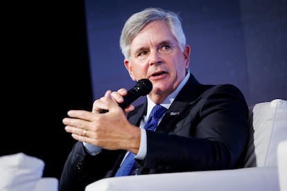 Larry Culp, chairman and chief executive officer of General Electric Co., speaks during the US Chamber of Commerce's Global Aerospace Summit in Washington, DC, US, on Tuesday, Sept. 10, 2024. The summit brings together government leaders and space and aviation industry experts from across the world.